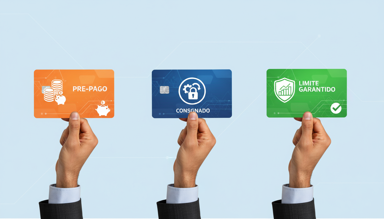 Imagem mostrando três mãos segurando diferentes tipos de cartões de crédito virtuais, simbolizando o pré-pago, o consignado e o com limite garantido, com um fundo azul claro e profissional