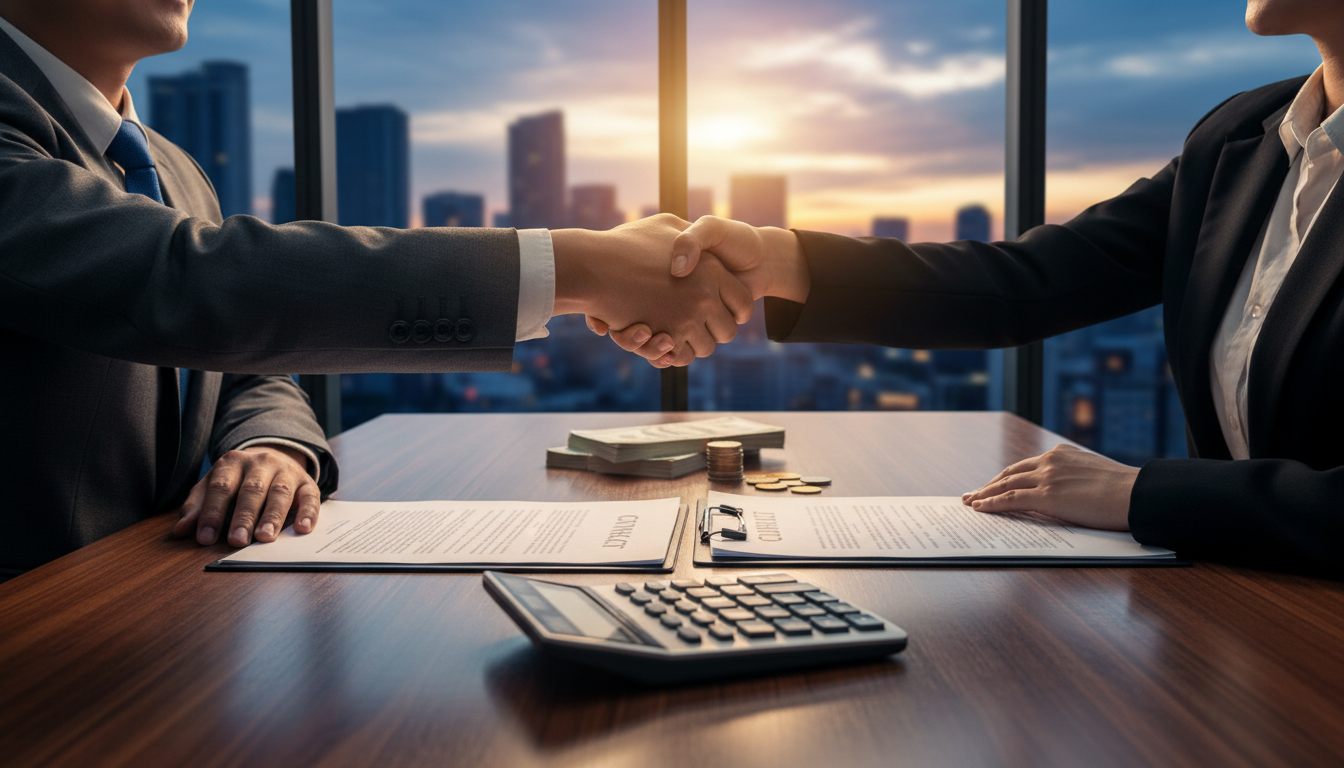 Duas pessoas apertando as mãos sobre uma mesa com um contrato e uma calculadora, simbolizando um acordo financeiro bem-sucedido