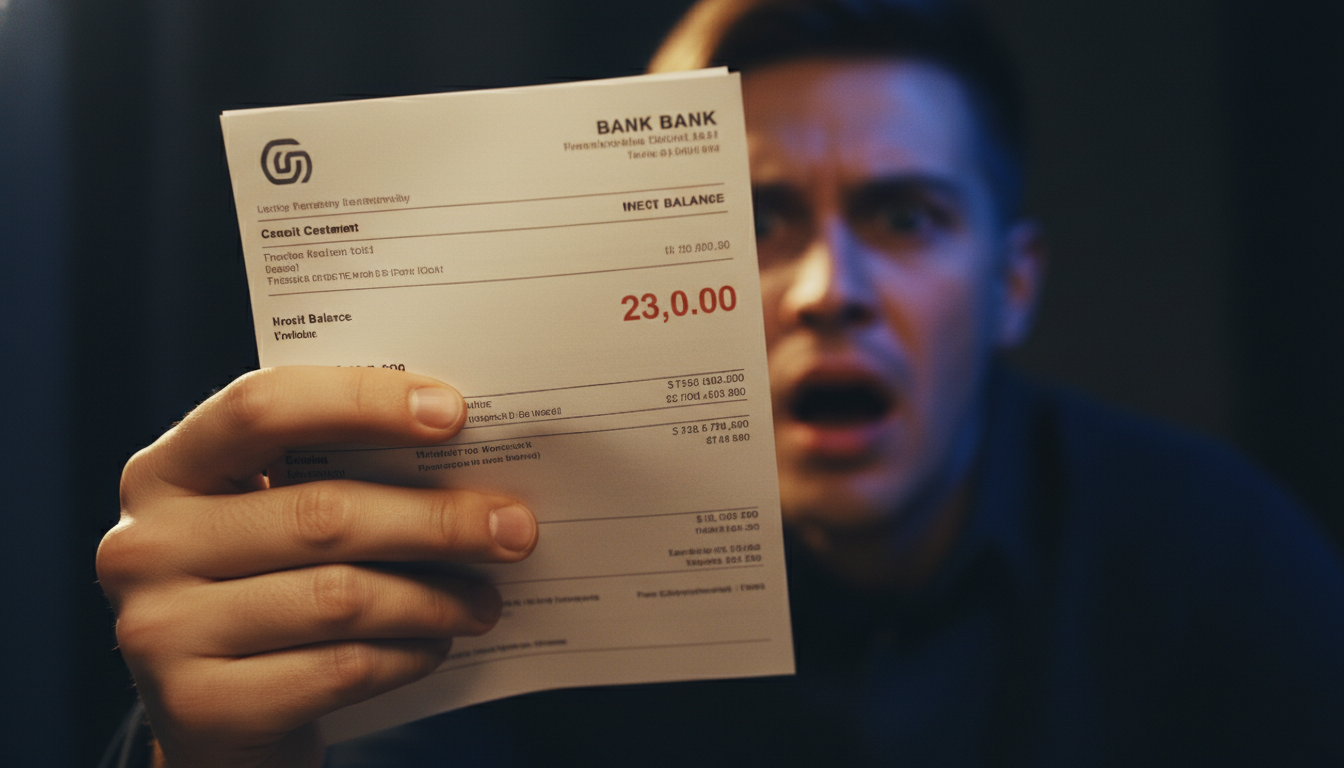 Uma mão segurando uma fatura de cartão de crédito com uma expressão de surpresa ou estresse em segundo plano, ilustrando o perigo do descontrole com o crédito.