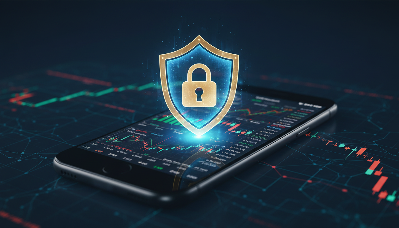 Um escudo ou cadeado digital iluminado sobreposto a uma tela de smartphone com gráficos financeiros de fundo, representando o conceito de segurança de dados e prevenção contra fraudes na internet