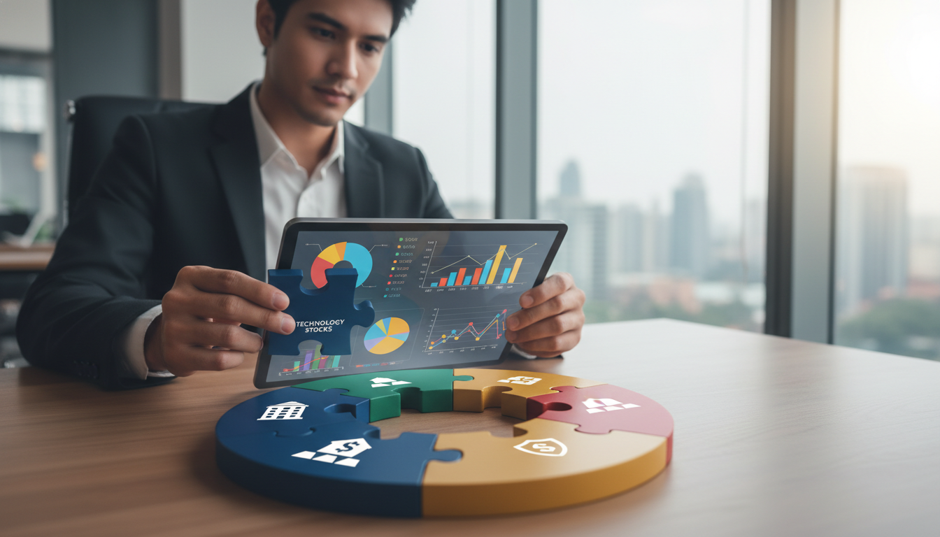 Pessoa jovem e analítica visualizando um tablet com gráficos financeiros, posicionando estrategicamente peças de um quebra-cabeça que representam diferentes fatias de uma carteira de investimentos diversificada e saudável