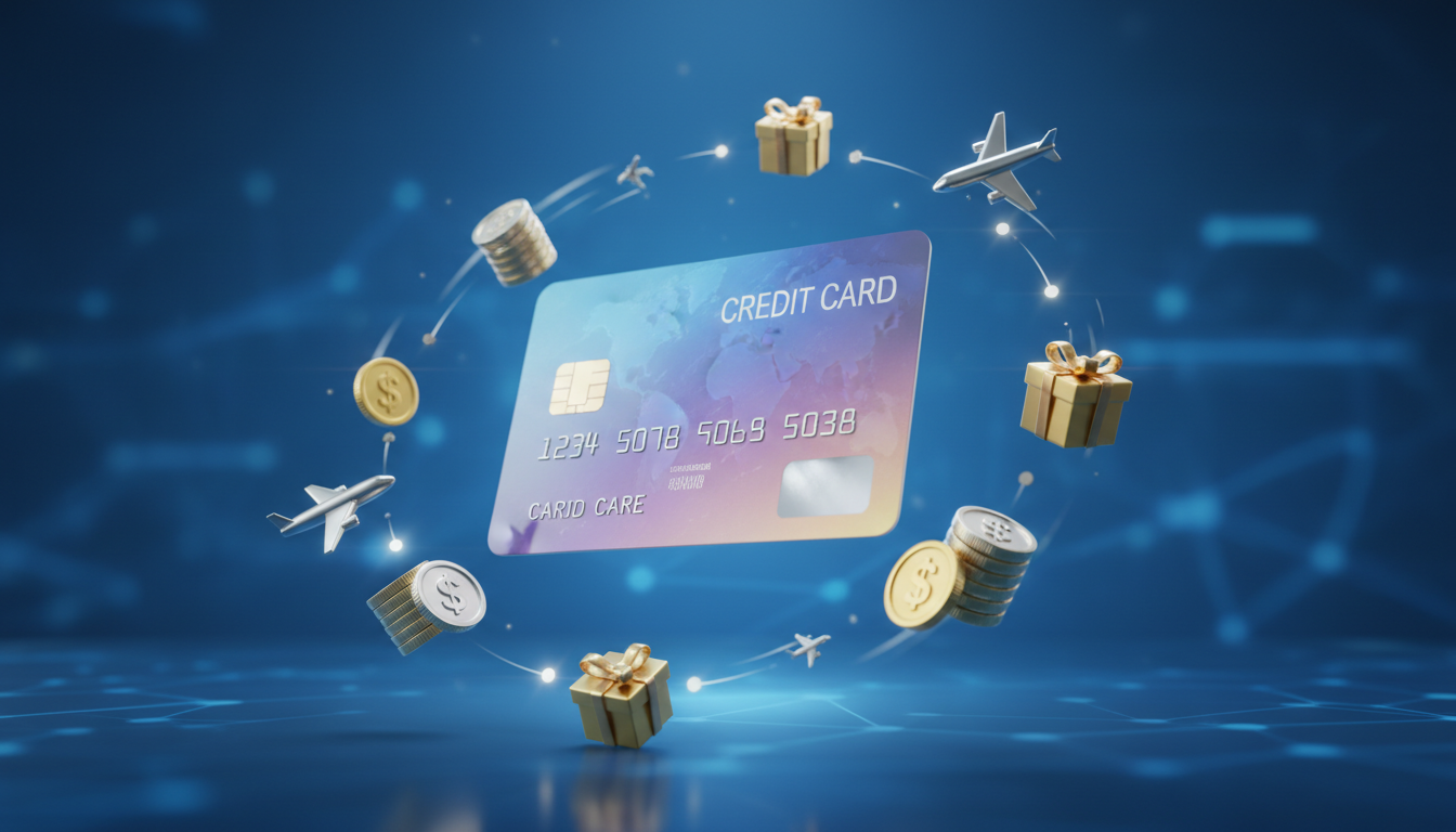 Imagem moderna de um cartão de crédito brilhante no centro, rodeado por pequenos ícones de presentes, aviões e moedas flutuantes, simbolizando os benefícios de milhas e cashback