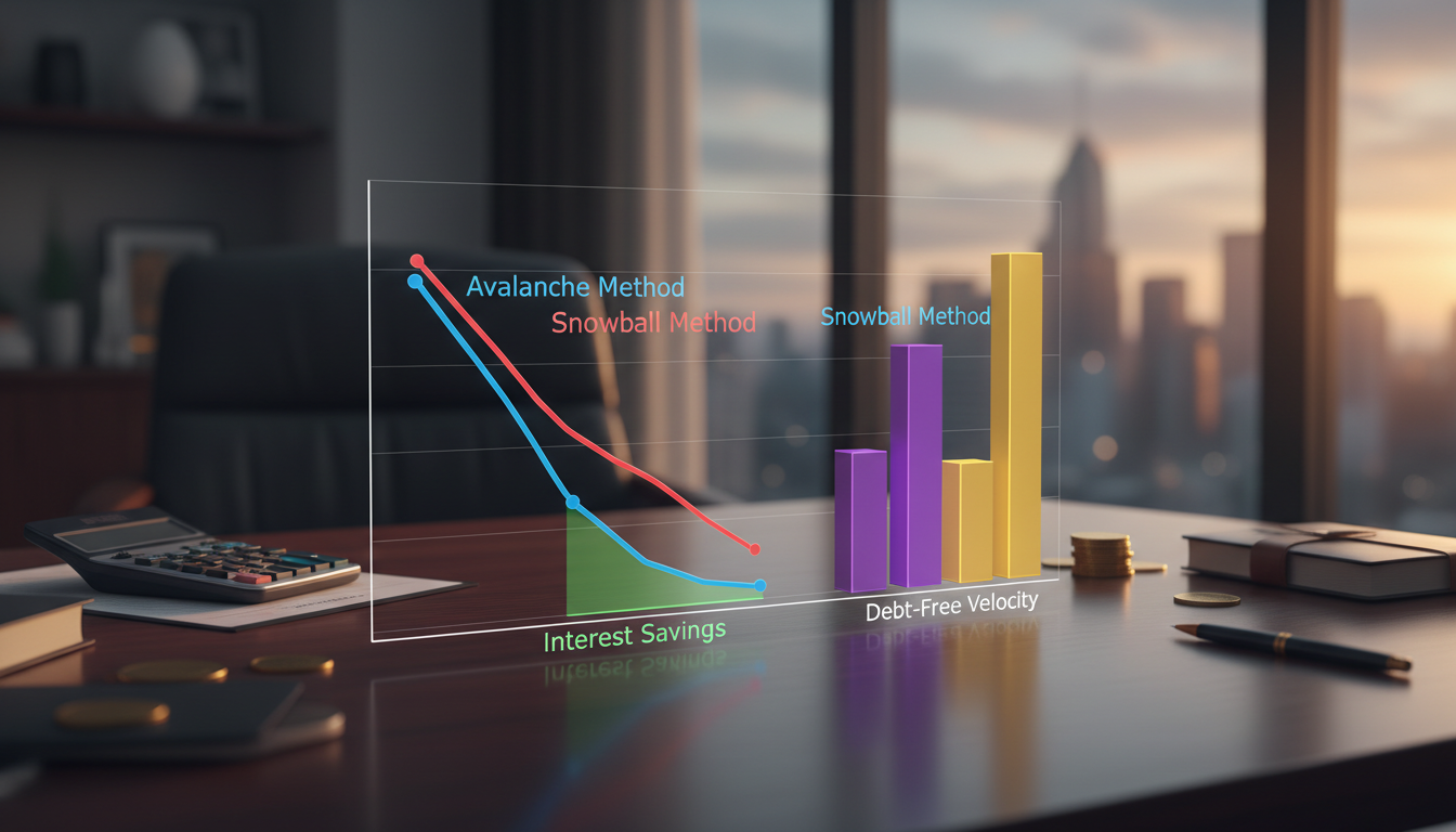 Gráfico financeiro comparativo mostrando o pagamento de dívidas ao longo do tempo, destacando a economia de juros no método avalanche versus a velocidade de quitação de pequenas dívidas na bola de neve