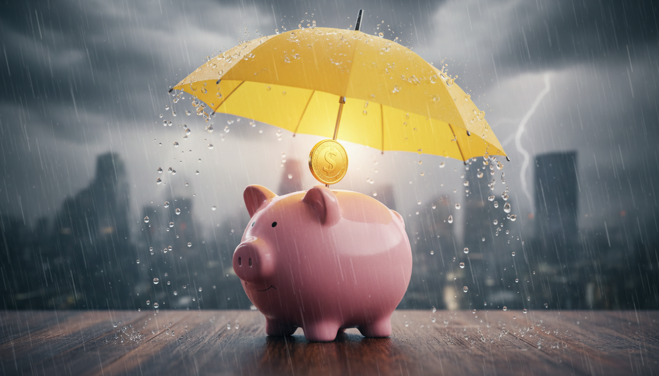 Um cofrinho tradicional em formato de porco recebendo uma moeda brilhante, enquanto é protegido por um guarda-chuva amarelo durante uma forte tempestade, representando segurança e proteção financeira