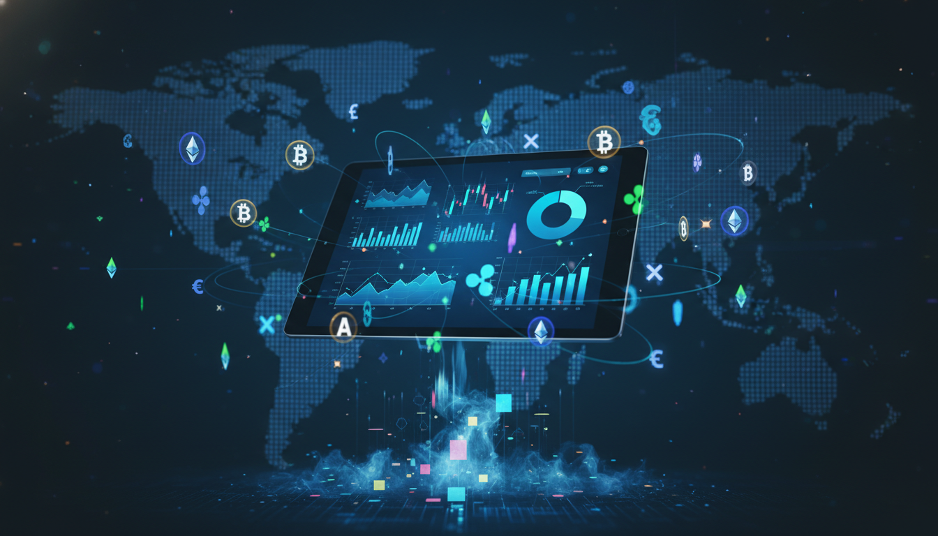 Gráficos financeiros e ícones de moedas digitais flutuando ao redor de um tablet, simbolizando a educação e a análise no ecossistema de finanças descentralizadas
