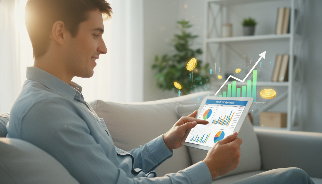 Uma pessoa em um ambiente tranquilo e iluminado, sorrindo enquanto analisa uma planilha de planejamento financeiro em um tablet. Ícones gráficos de moedas e setas de crescimento estão sutilmente sobrepostos ao fundo, simbolizando a educação financeira.