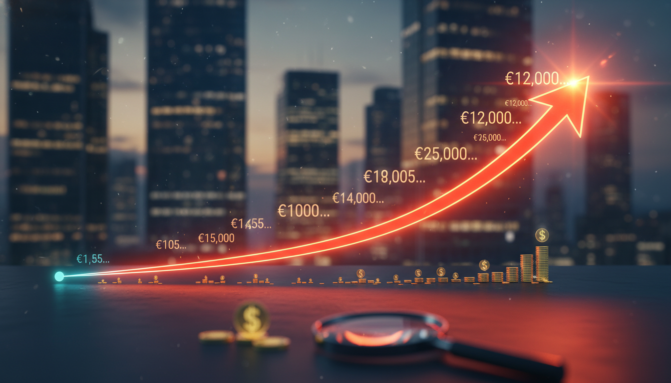 Gráfico de linha ascendente mostrando o crescimento exponencial de uma pequena dívida ao longo dos meses devido à ação dos juros compostos