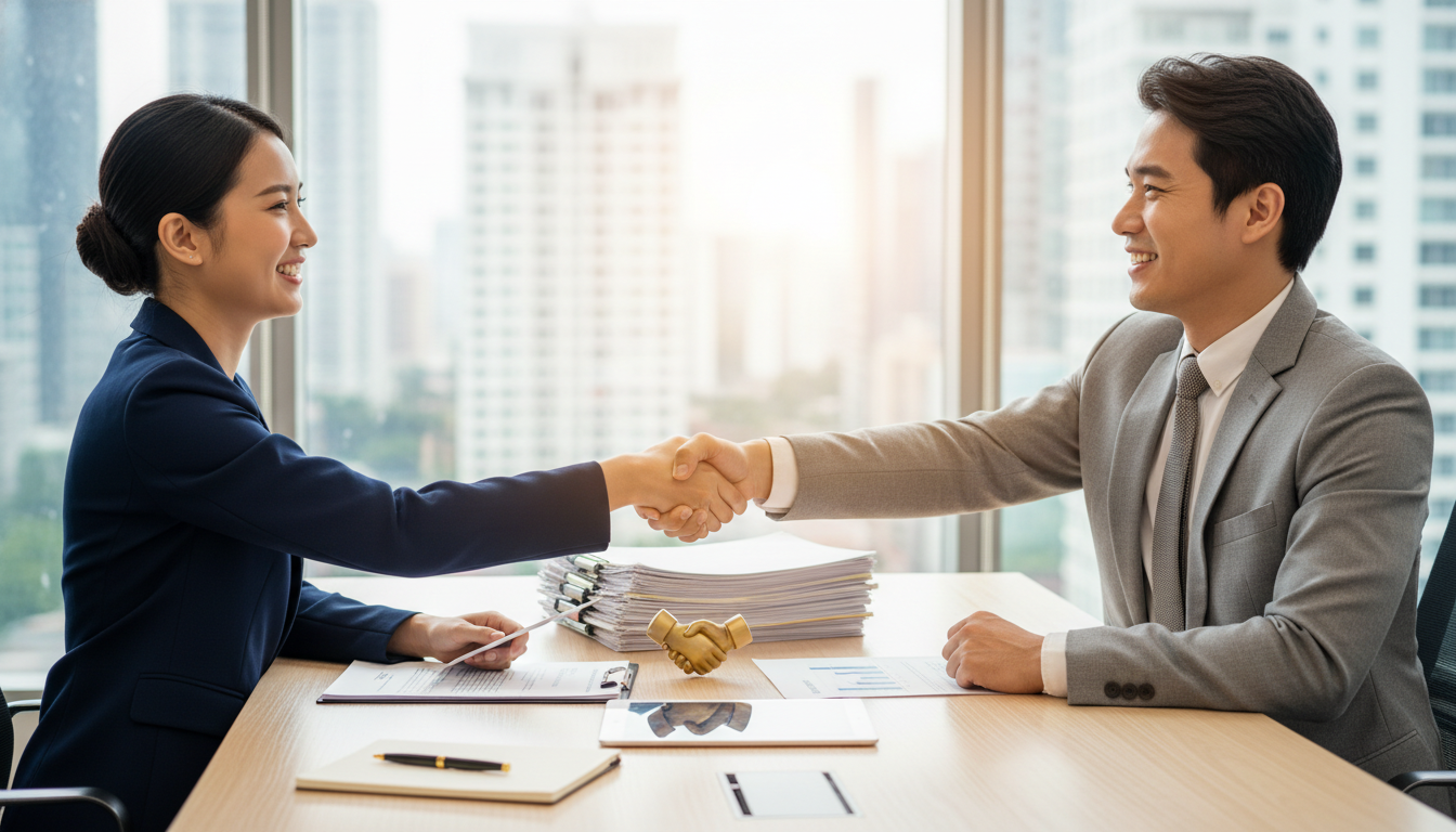 Duas pessoas apertando as mãos sobre uma mesa de escritório, simbolizando um acordo amigável e uma renegociação de dívidas bem-sucedida, transmitindo um clima leve e profissional.