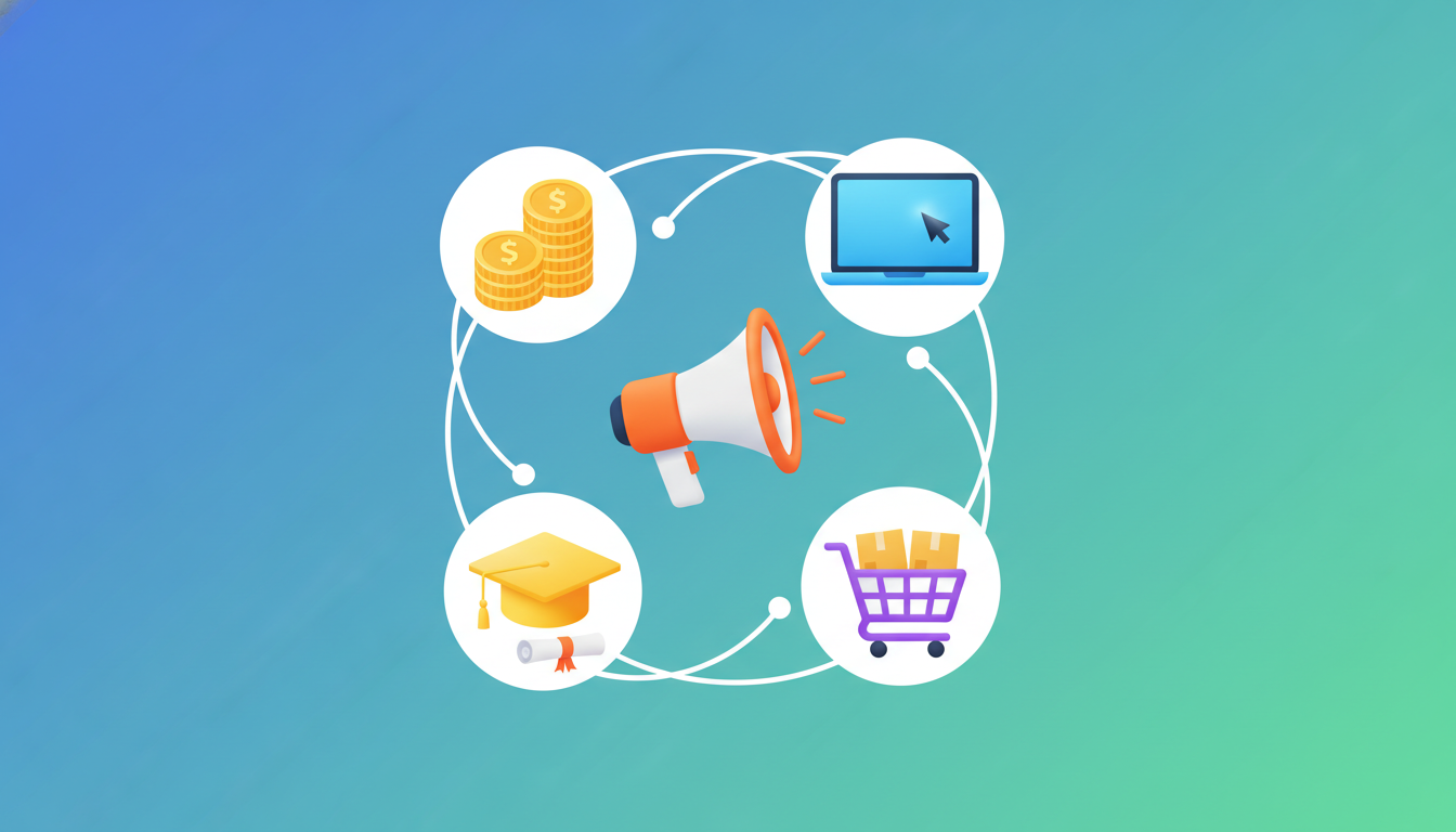 Ilustração vetorial limpa e didática mostrando cinco ícones interligados em círculo representando opções de renda extra: um megafone, um computador, um carrinho de compras, um capelo de formatura e moedas empilhadas.