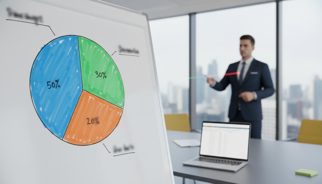 Um gráfico de pizza simples dividido em três partes rotuladas como necessidades, desejos e poupança, desenhado de forma clara em um quadro branco.