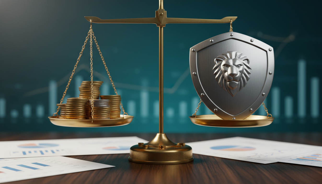 Ilustração de uma balança equilibrando moedas de um lado e um escudo de proteção do outro, representando risco versus retorno nos investimentos e segurança financeira.