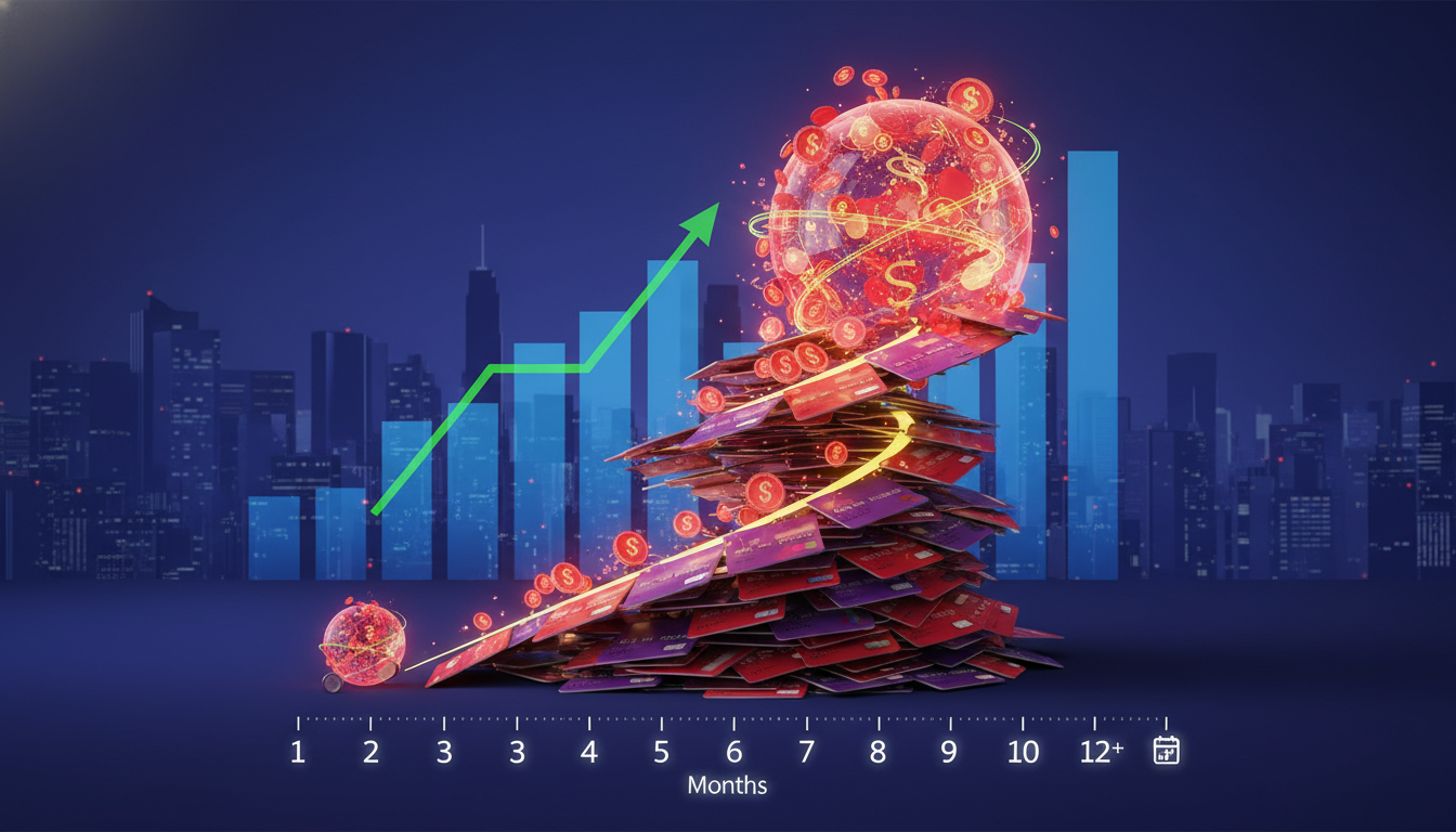 Gráfico ilustrativo didático mostrando o efeito bola de neve dos juros em dívidas acumuladas de cartão de crédito ao longo dos meses.