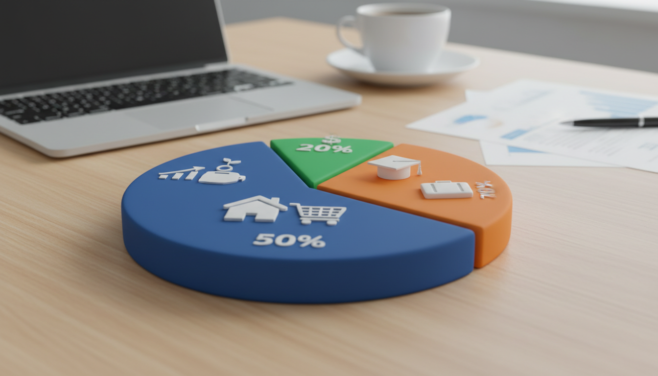 Gráfico de pizza simples e colorido mostrando a divisão do orçamento em 50% gastos essenciais, 30% desejos e 20% poupança, com ícones representativos para cada fatia