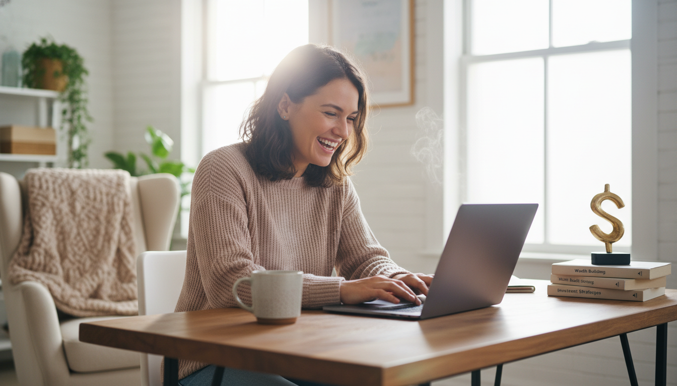 Foto de uma pessoa sorridente trabalhando em um notebook em um ambiente iluminado e confortável, remetendo a trabalho remoto e flexibilidade.
