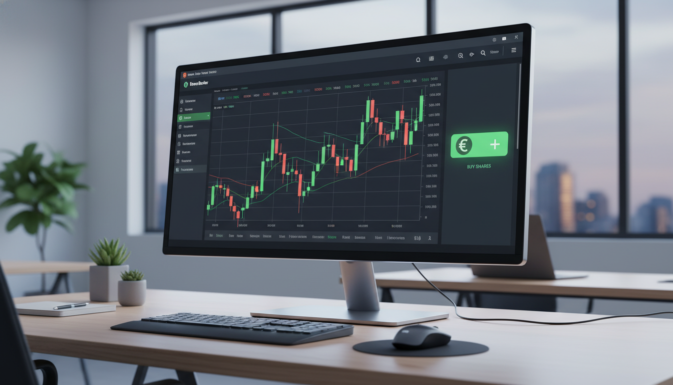 Uma tela de computador bem iluminada mostrando um painel de Home Broker com um gráfico de barras financeiro e o botão de compra de cotas em destaque, ambiente de escritório minimalista