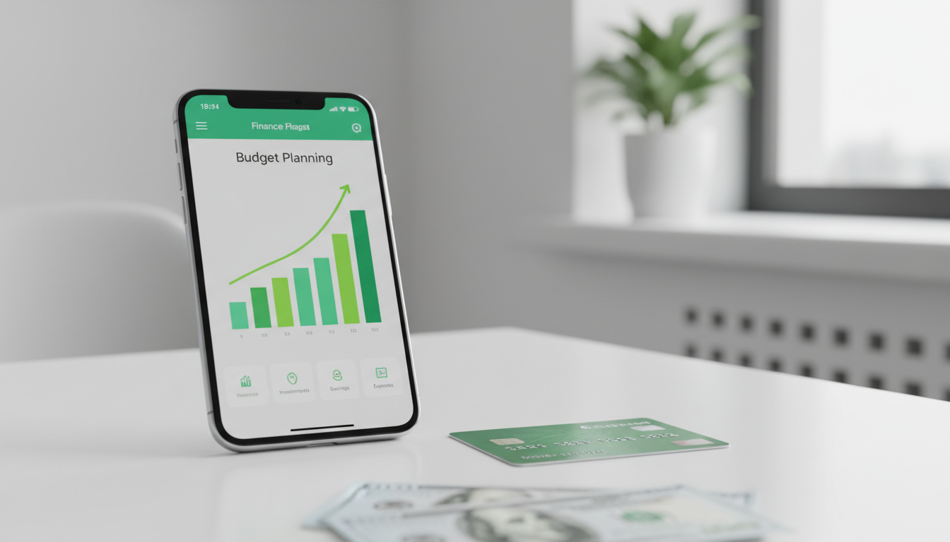 Uma tela de smartphone exibindo um aplicativo de finanças com um gráfico verde de planejamento orçamentário positivo, ao lado de um cartão de crédito físico
