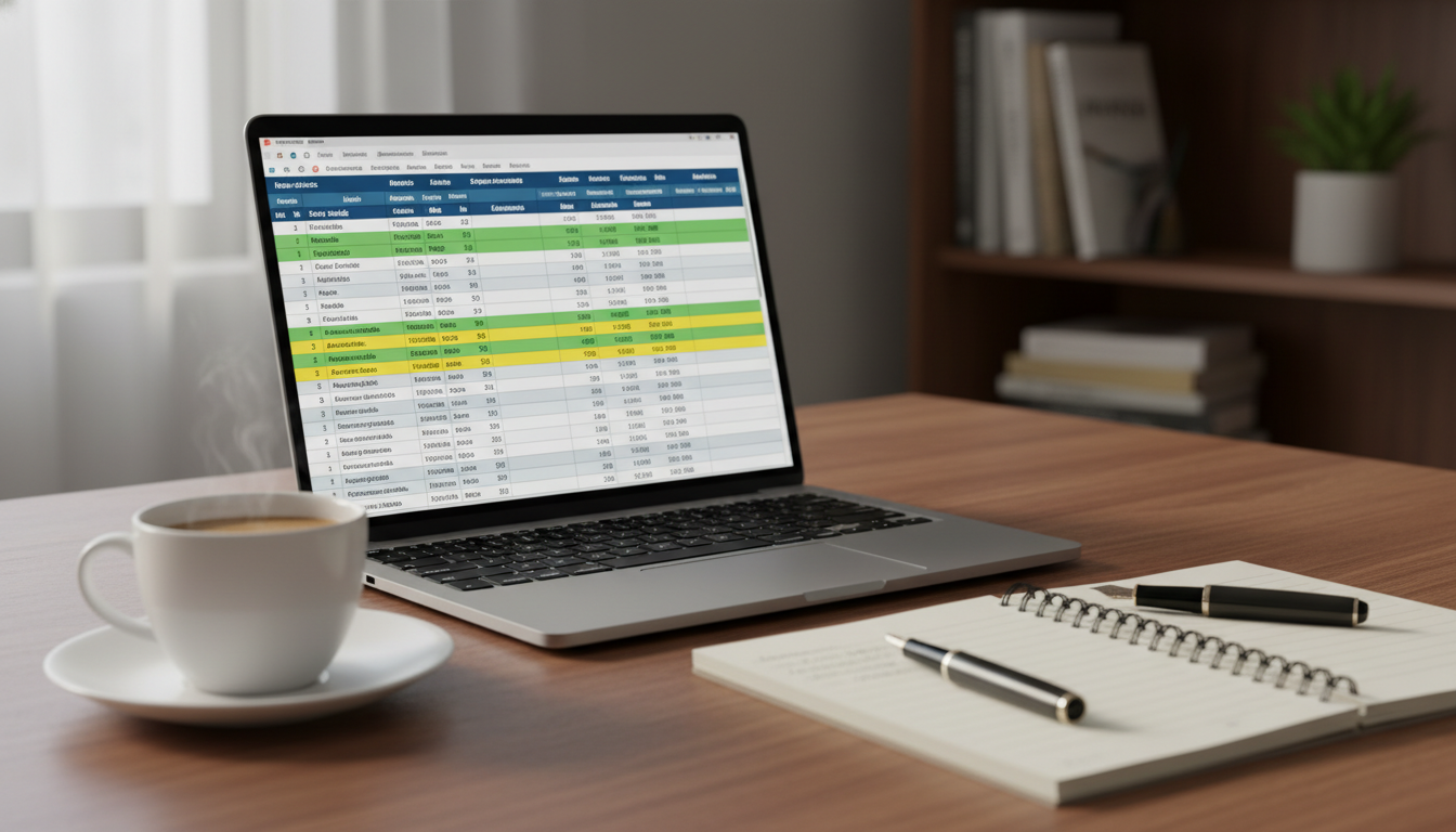 Uma planilha de orçamento familiar aberta na tela de um notebook com uma xícara de café ao lado e uma caneta sobre um caderno de anotações, representando o foco no planejamento financeiro doméstico.