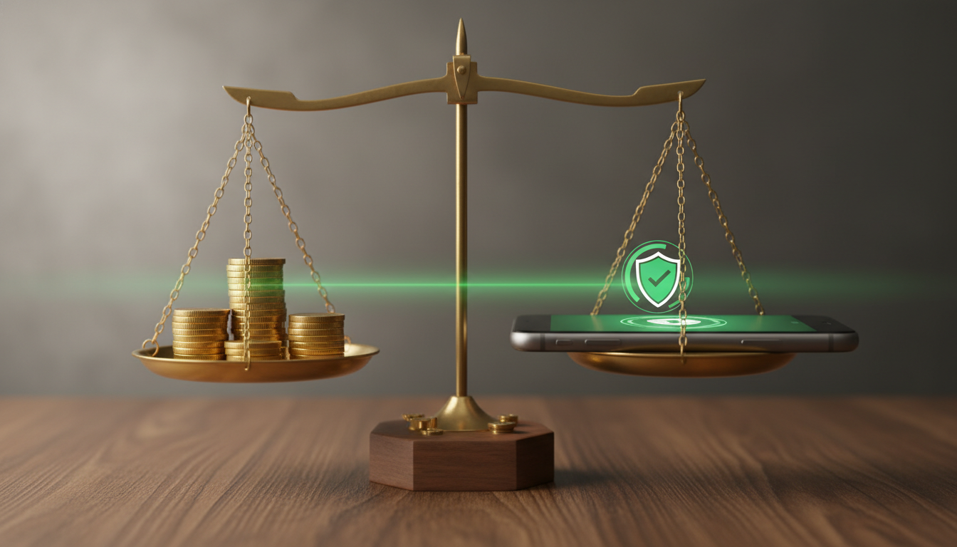Ilustração didática mostrando uma balança equilibrada com moedas de ouro de um lado e um celular moderno com um ícone de escudo verde do outro, simbolizando o equilíbrio financeiro e a segurança da informação