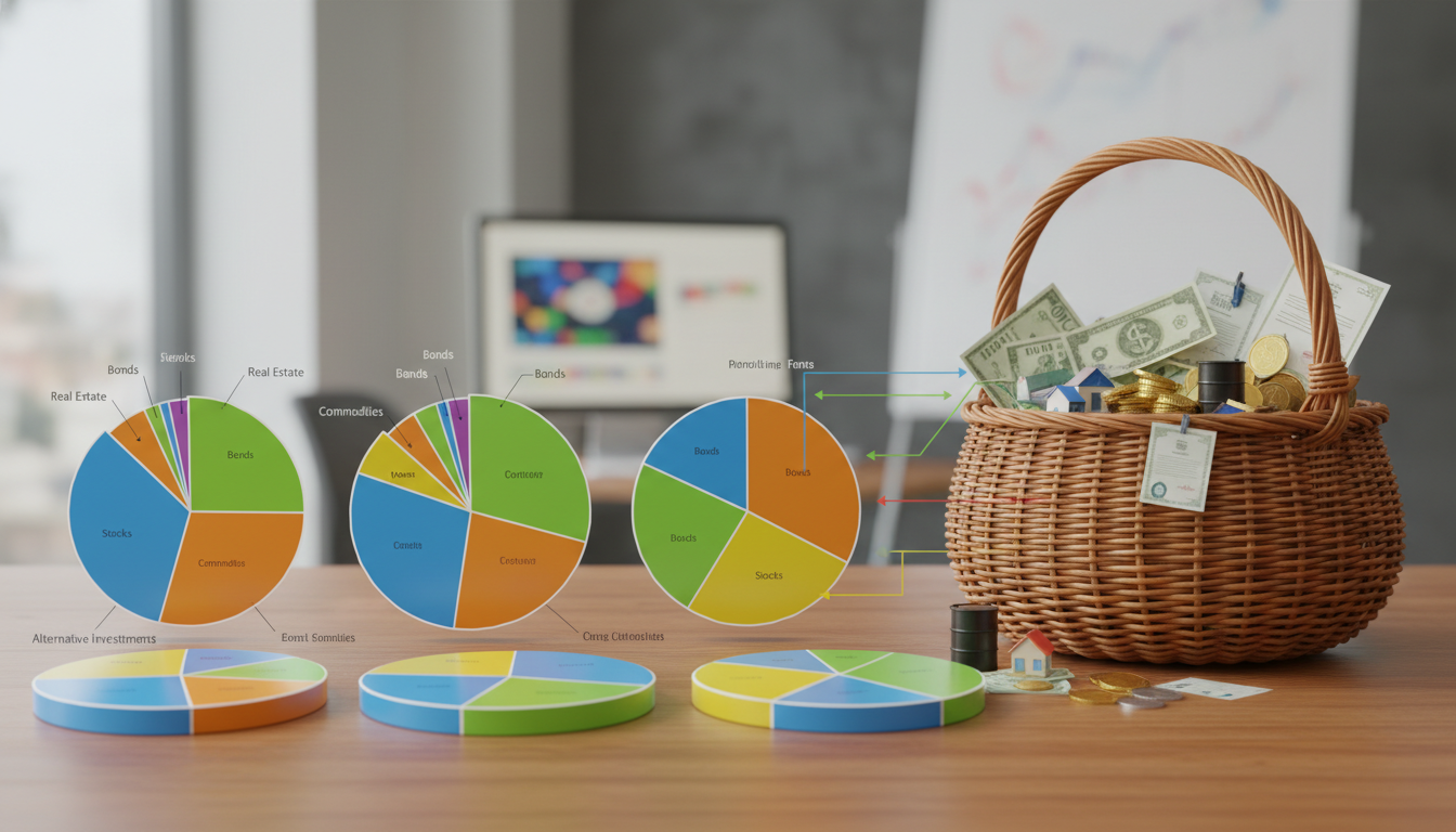 Vários gráficos de pizza coloridos e uma cesta clássica de vime contendo diferentes tipos de elementos financeiros, ilustrando de maneira didática o conceito de diversificação de carteira