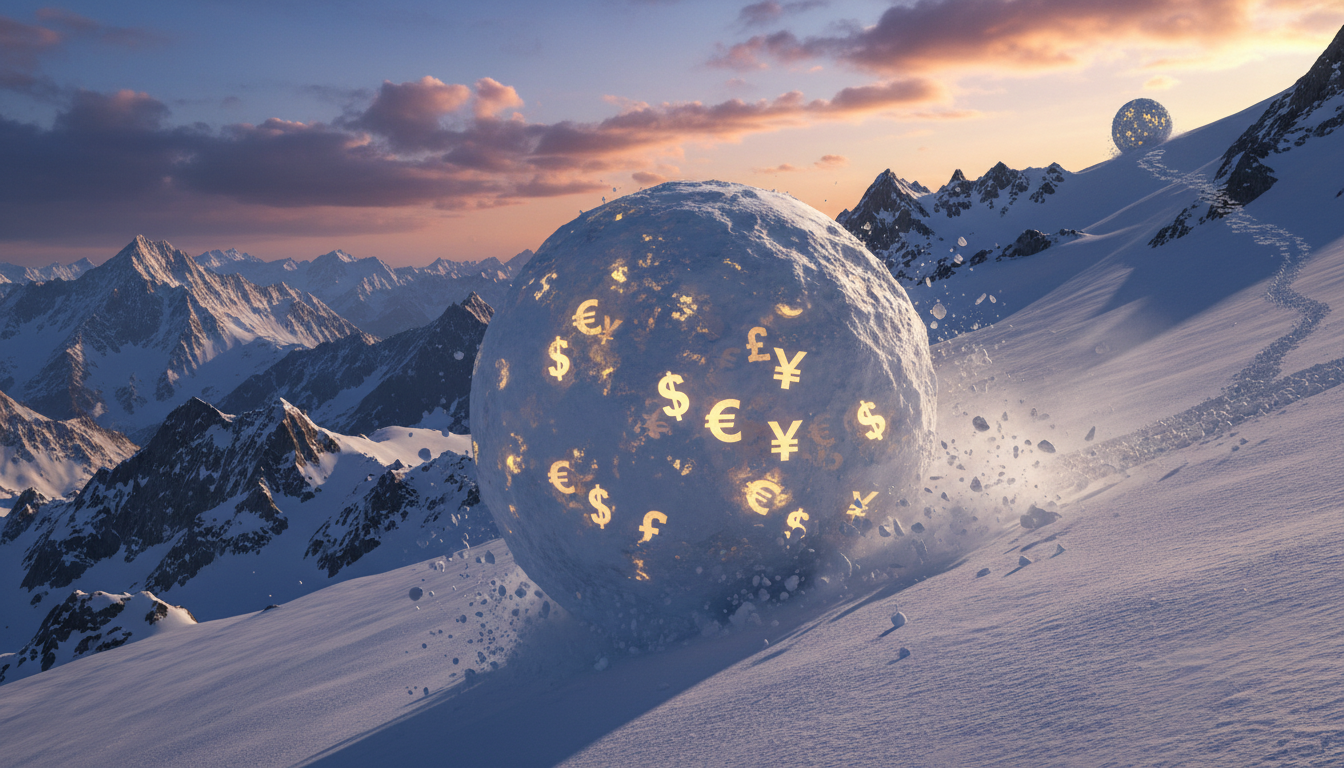 Uma ilustração gráfica mostrando uma pequena bola de neve rolando montanha abaixo e se transformando em uma enorme bola de neve gigante, contendo símbolos de dinheiro no interior.