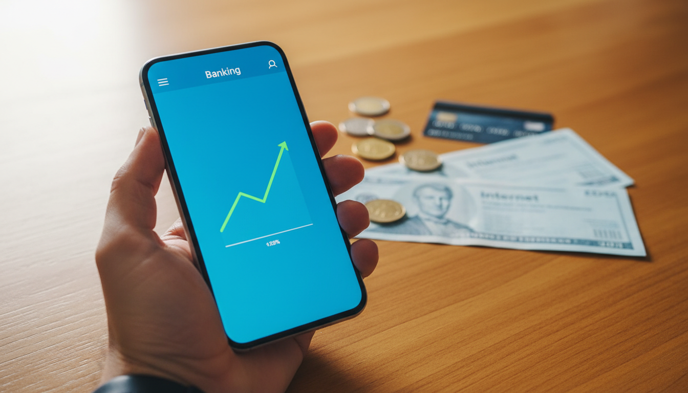 Mão segurando um smartphone com aplicativo de banco aberto, exibindo um gráfico positivo, com contas de energia e internet ao fundo sobre uma mesa de madeira