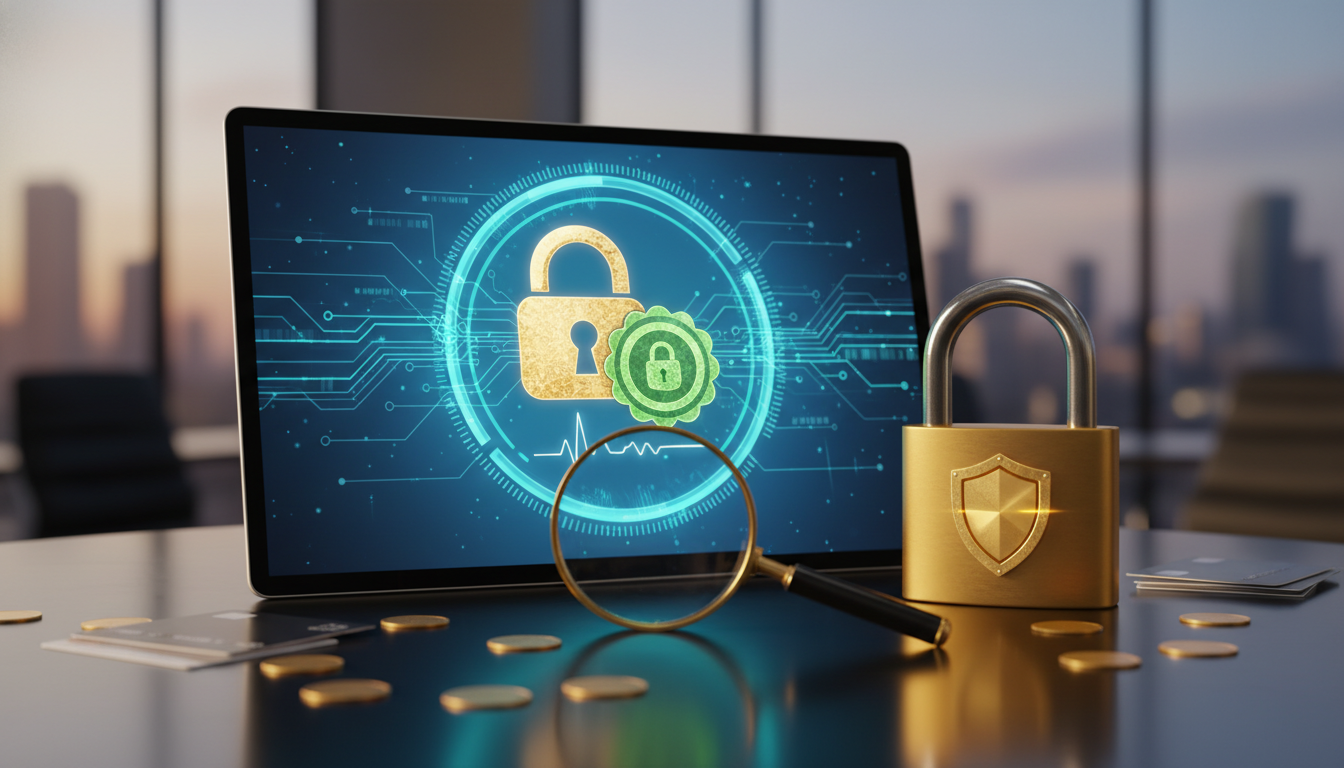 Lupa sobre um contrato digital ou tela de computador mostrando um selo de segurança ao lado de um cadeado dourado, simbolizando a verificação e proteção contra fraudes online em negócios remotos.