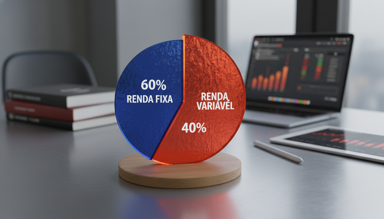 Gráfico de pizza colorido mostrando uma divisão simples e equilibrada de uma carteira de investimentos, por exemplo, 60% renda fixa e 40% renda variável, com rótulos didáticos