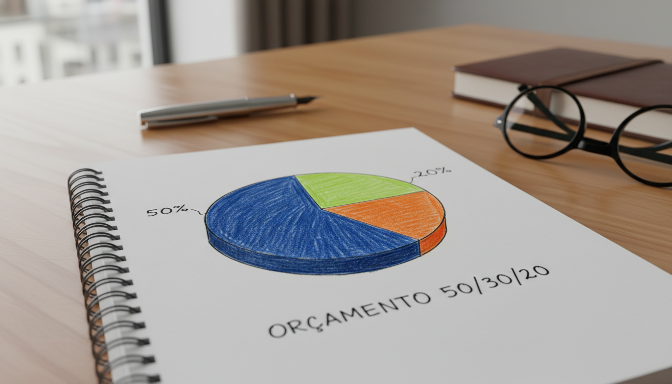 Gráfico de pizza colorido ilustrando a regra de orçamento 50/30/20 desenhado em um caderno em cima de uma mesa de escritório de madeira