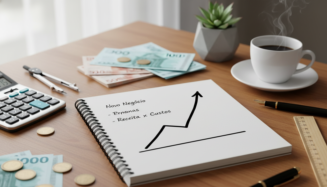 Gráfico financeiro ascendente desenhado em um caderno, com uma xícara de café, calculadora e ferramentas de trabalho manuais ao redor, simbolizando a organização de custos e o crescimento financeiro do novo negócio