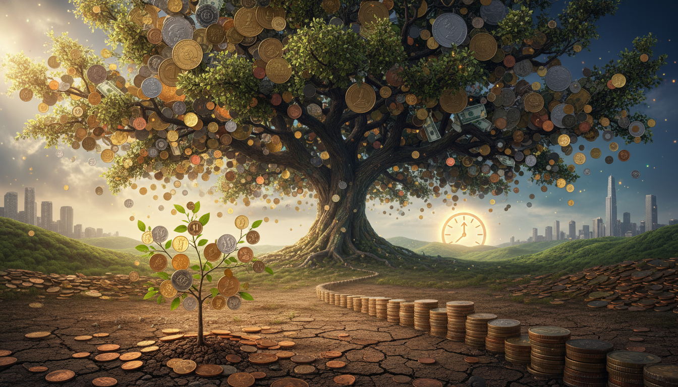 Ilustração de uma pequena árvore crescendo até se tornar uma árvore gigante com moedas como folhas, simbolizando o tempo e os juros compostos