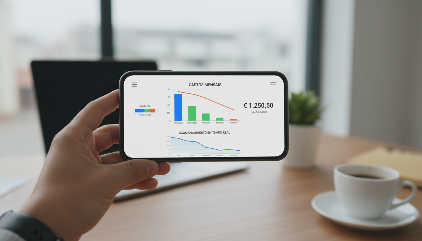 Visão em primeira pessoa de alguém segurando um smartphone com um aplicativo de controle de finanças aberto, exibindo gráficos de barras intuitivos e acompanhamento de gastos mensais em tempo real