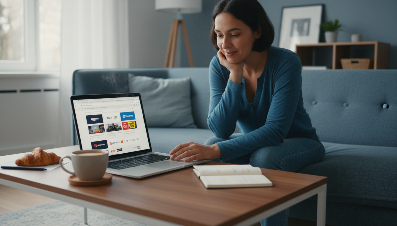 Um indivíduo fazendo compras online em um notebook com uma xícara de café ao lado, expressando um sorriso de alívio momentâneo, mas com várias abas de lojas virtuais na tela.