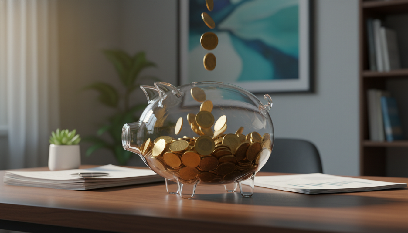 Ilustração de um cofrinho transparente sendo preenchido com moedas douradas, simbolizando o acúmulo da reserva de emergência e segurança financeira
