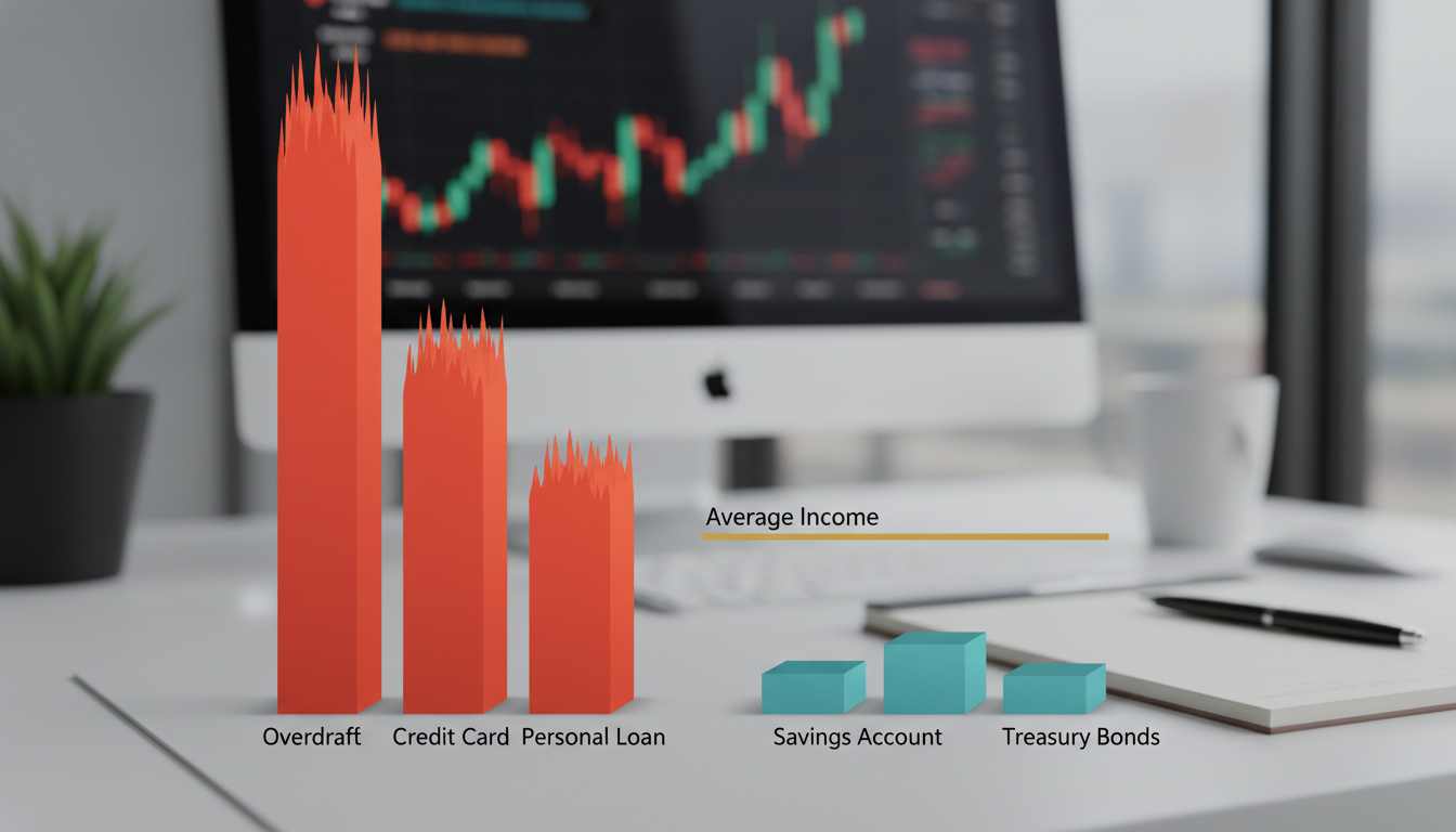 Gráfico de barras simples e didático comparando visualmente as altas taxas de juros de dívidas comuns, como cheque especial, contra o rendimento médio e conservador da taxa básica de juros