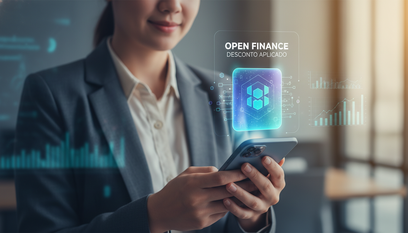 Imagem de uma pessoa utilizando um aplicativo de smartphone que mostra as palavras Open Finance e Desconto Aplicado, com um ícone de contrato inteligente (smart contract) holográfico evidenciando a tecnologia blockchain.