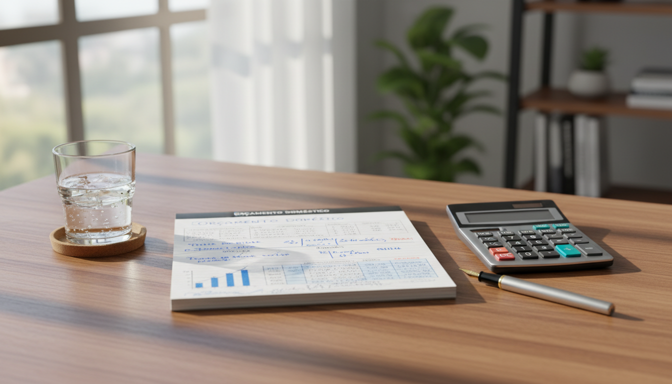 Uma foto com luz natural mostrando uma mesa de trabalho organizada, contendo um caderno aberto com anotações financeiras, uma calculadora, uma caneta elegante e um copo de água, transmitindo calma e controle no planejamento do orçamento doméstico.