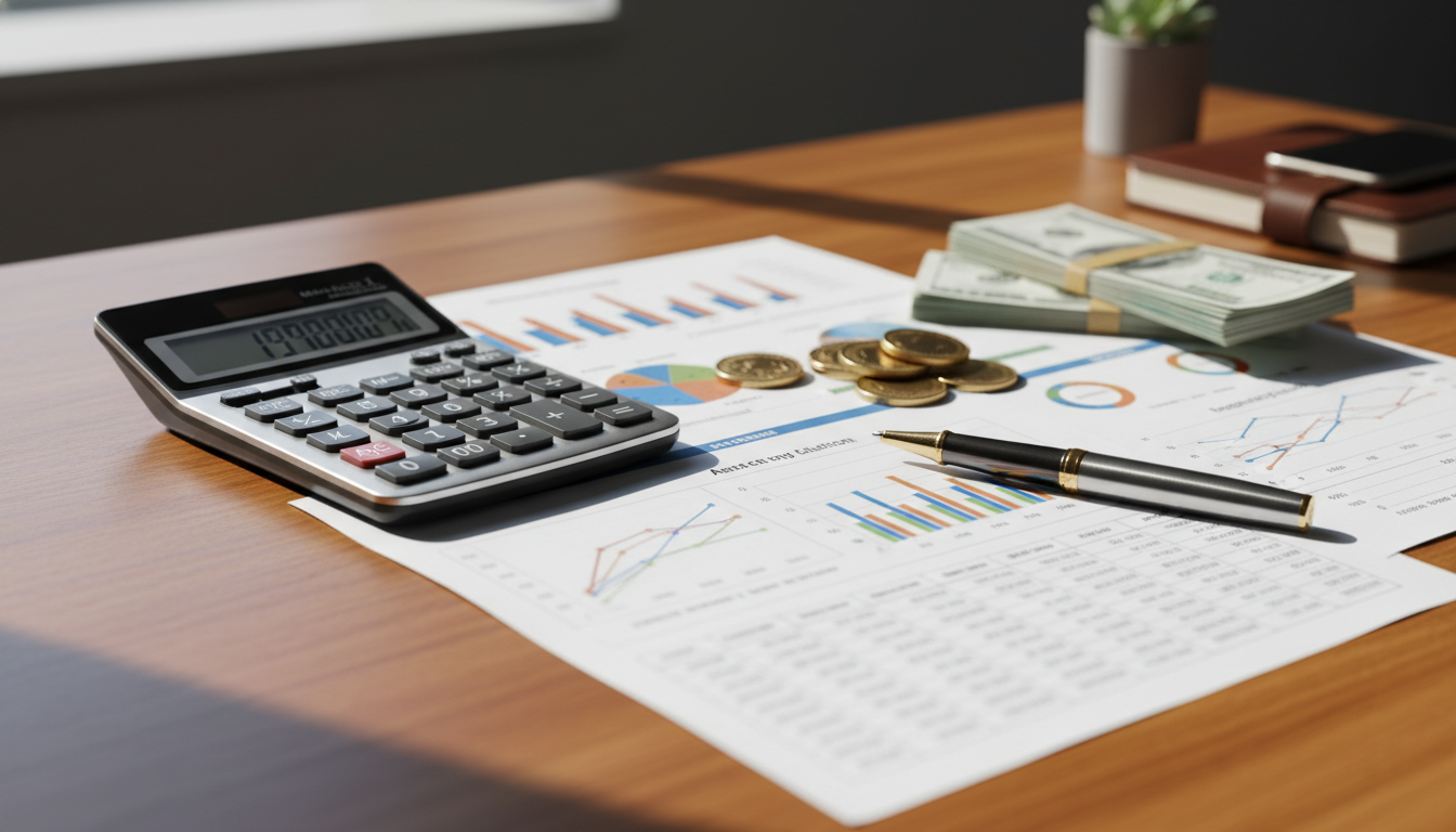 Calculadora sobre uma mesa de madeira ao lado de papéis com gráficos financeiros, moedas e uma caneta de luxo, representando o cálculo de patrimônio.