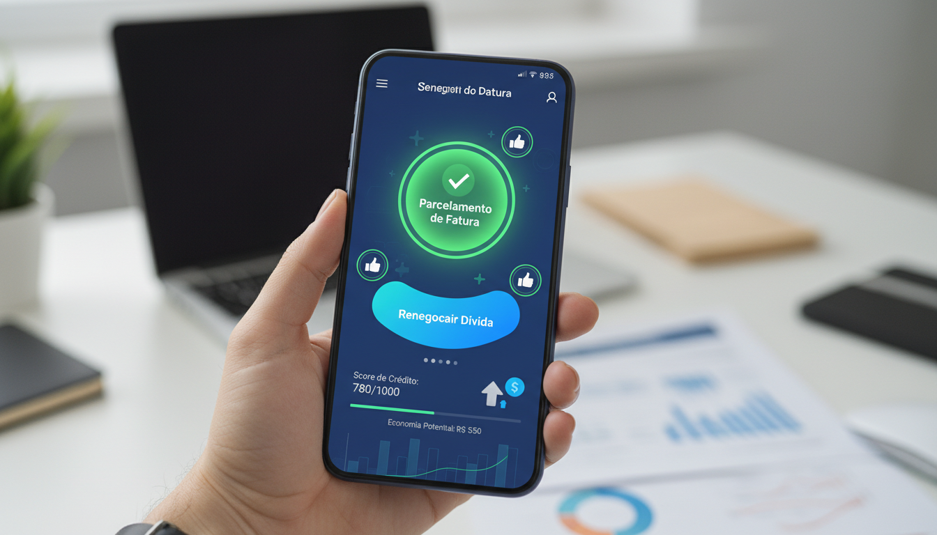 Close-up de uma mão segurando um smartphone com um aplicativo de finanças na tela, mostrando a opção de parcelamento ou renegociação de fatura em destaque com ícones de aprovação.