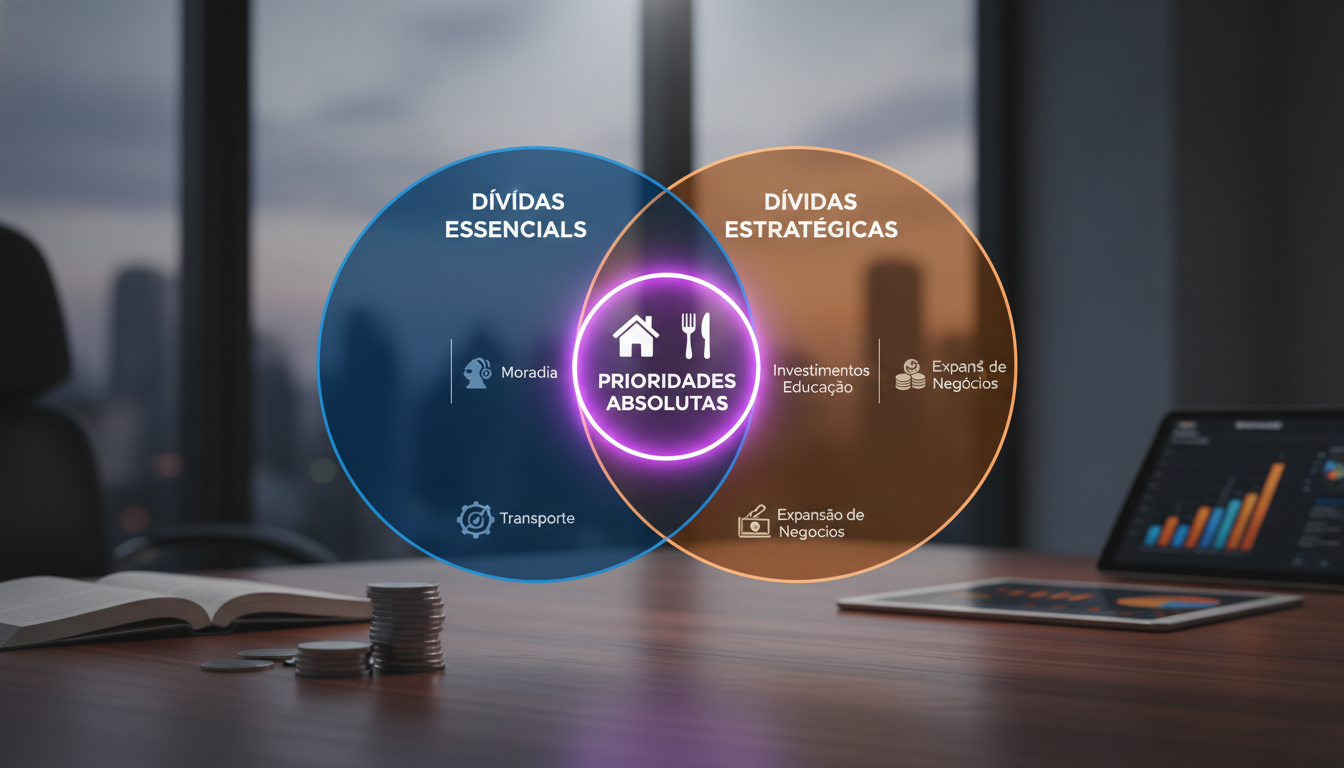 Dois círculos sobrepostos representando um diagrama de Venn com Dívidas Essenciais e Dívidas Estratégicas, mostrando itens como moradia e alimentação no centro das prioridades absolutas.