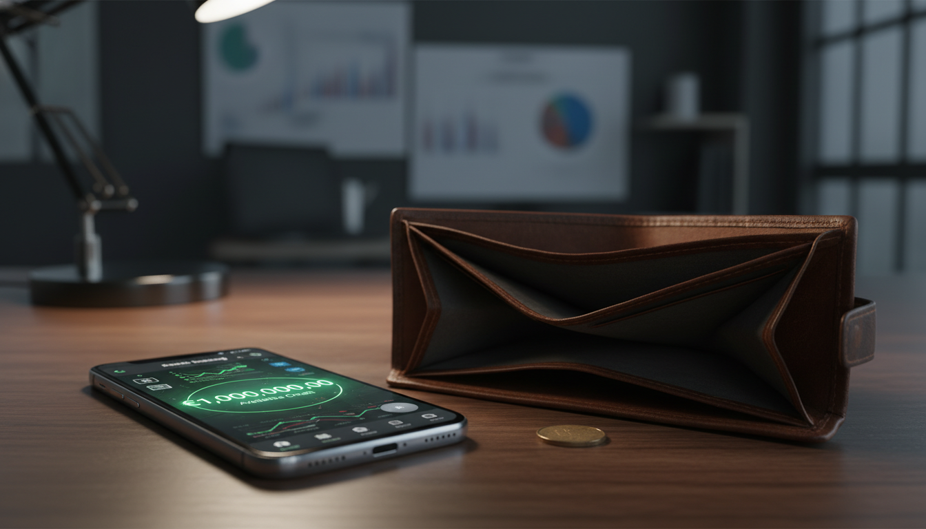 Um smartphone exibindo um aplicativo de banco com um limite de crédito muito alto em verde, contrastando com uma carteira vazia ao lado sobre uma mesa de madeira.