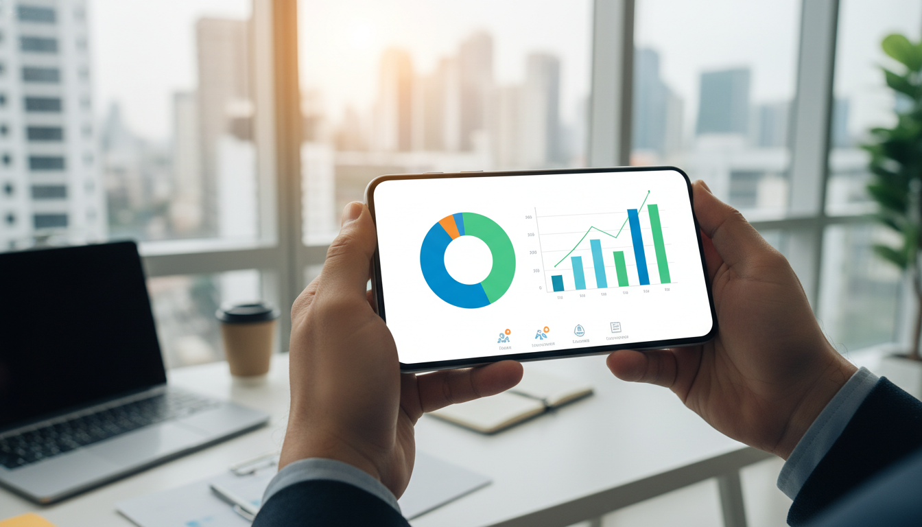 Uma pessoa segurando um smartphone que exibe um aplicativo com gráficos financeiros de pizza e barras, em um ambiente bem iluminado