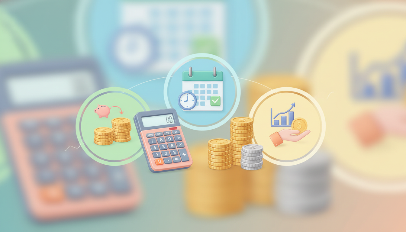 Ilustração vetorial em cores suaves mostrando uma calculadora, um calendário e moedas sendo organizadas em categorias com pequenos ícones, representando planejamento e controle