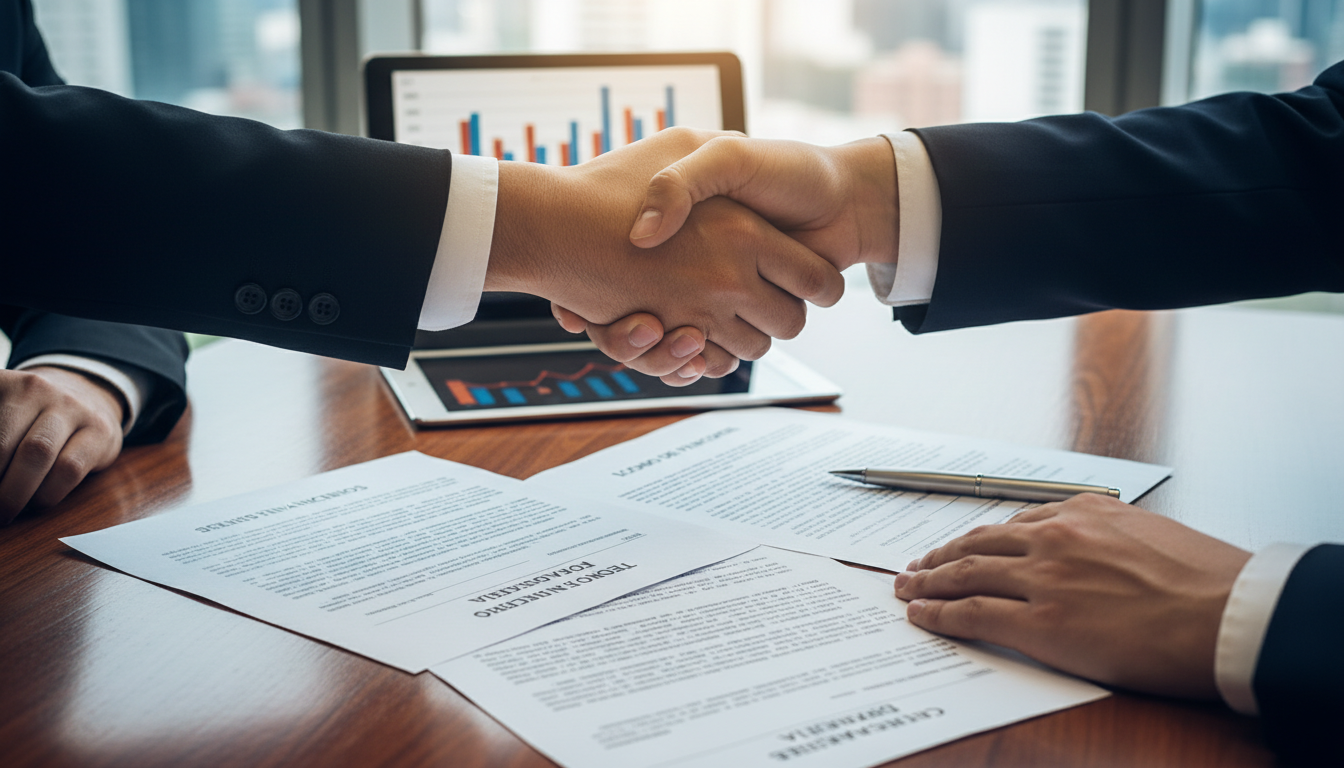 Um aperto de mãos sobre uma mesa de escritório com documentos contratuais visíveis, simbolizando um acordo financeiro bem-sucedido e pautado na transparência
