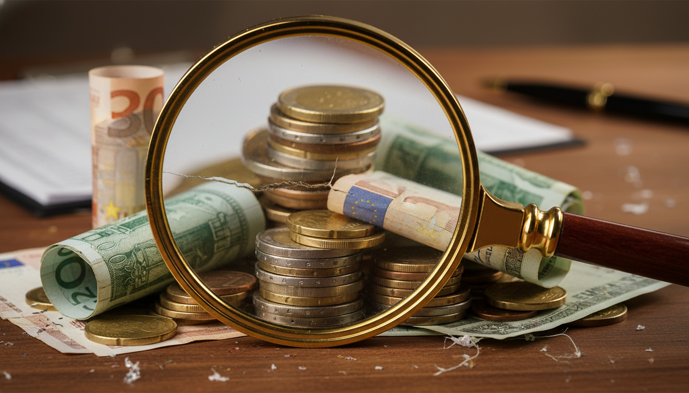 Uma lupa sobre uma pilha de moedas e notas, ilustrando a busca minuciosa por pequenos desperdícios financeiros invisíveis no dia a dia