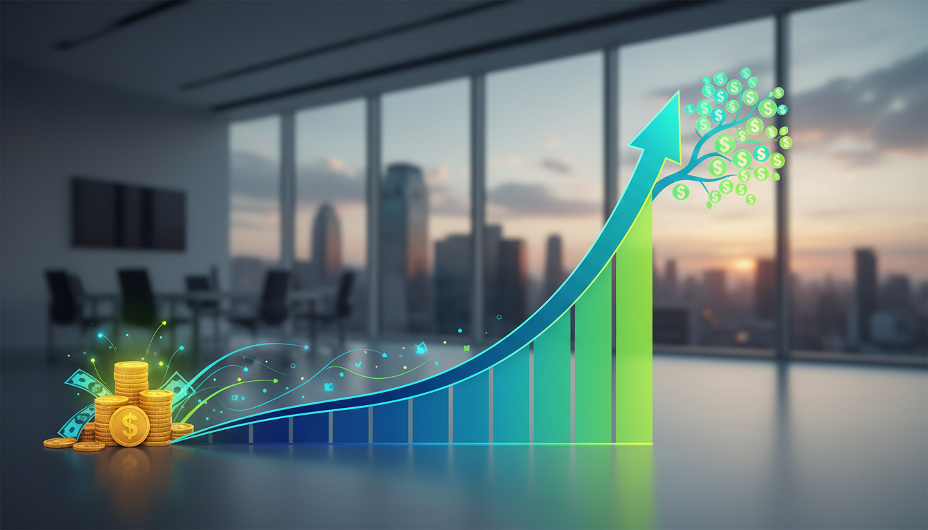 Gráfico de linha ascendente em tons de azul e verde, mostrando o crescimento exponencial de um patrimônio ao longo do tempo graças ao reinvestimento contínuo de lucros e dividendos.