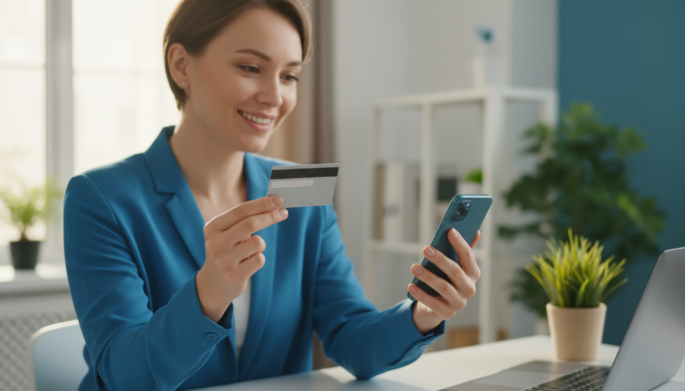 Imagem de uma pessoa sorridente olhando para a tela do celular e segurando um cartão de crédito, demonstrando tranquilidade e controle ao planejar as finanças.