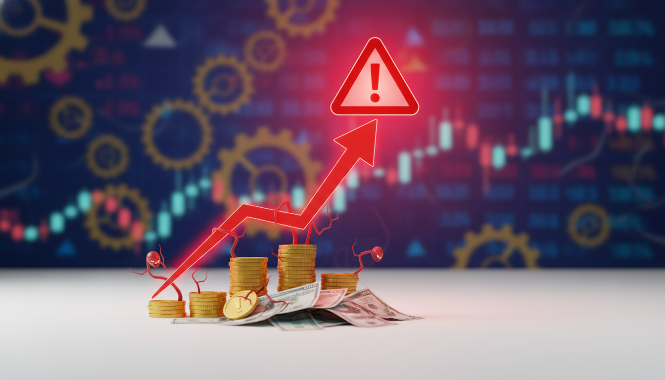Um gráfico simples subindo abruptamente, com um ícone de alerta em vermelho, representando o crescimento exponencial de juros abusivos.