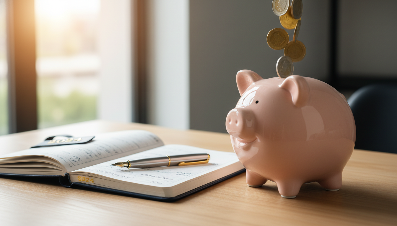 Uma imagem de um cofre porquinho recebendo moedas, com uma agenda e uma caneta ao lado, simbolizando o planejamento financeiro e a poupança.