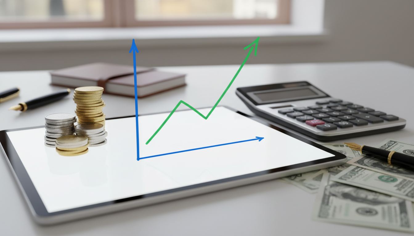 Gráfico financeiro simples desenhado em um quadro branco ou tablet, mostrando crescimento constante, com moedas e uma calculadora ao lado, ilustrando o planejamento de lucros.