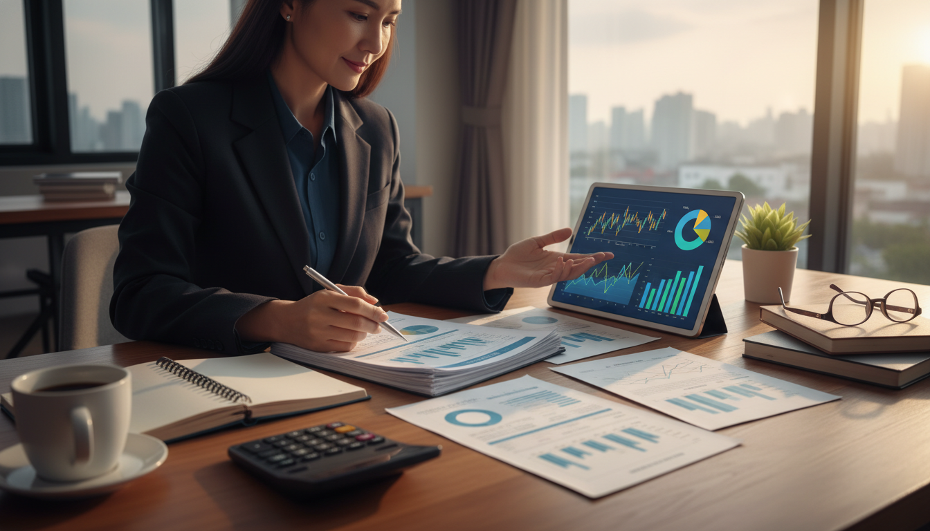Uma pessoa analisando papéis financeiros e um tablet com gráficos na mesa, com expressão focada e tranquila, transmitindo a ideia de estudo e planejamento